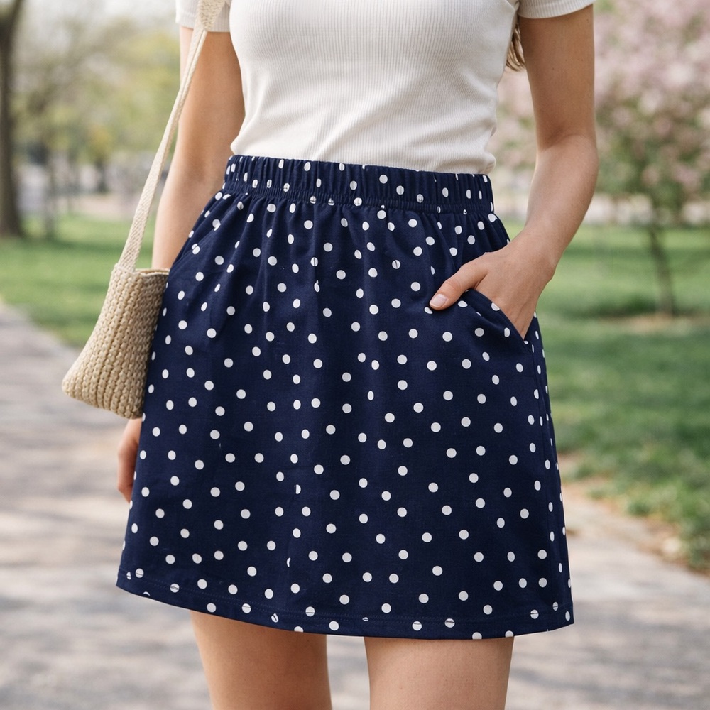 Polka Dot Navy Mini Skirt with Elastic Waist